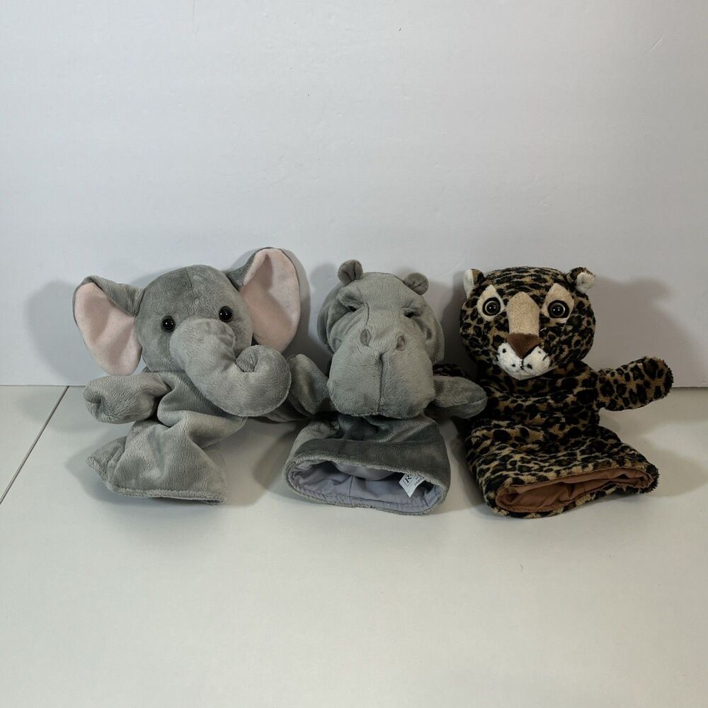 RESTORATION HARDWARE PLUSH HAND PUPPETS ELEPHANT Hippo & LEOPARD LOT OF 3
